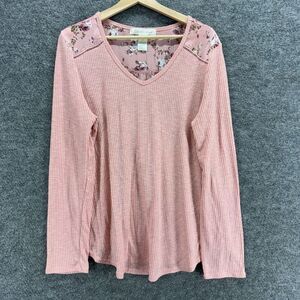 Youth T-Shirt Women L Large Pink Floral V-Neck Long Sleeve Waffle Pullover